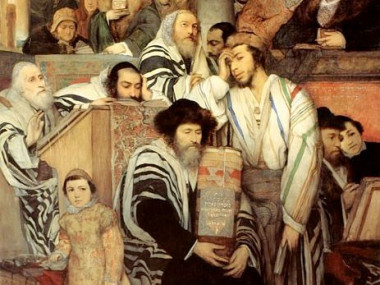 Ebrei pregano nella Sinagoga durante lo Yom Kippur (Dipinto di M. Gottlieb, 1878)