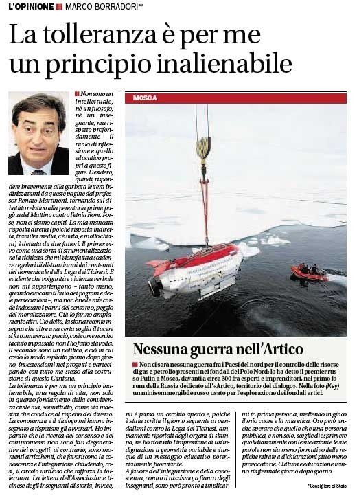 "La tolleranza è per me un principio inalienabile", Corriere del Ticino, 24 settembre 2010